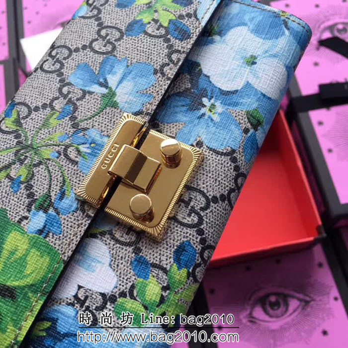 GUCCI古馳 歐洲正品原單 padlock系列 最新二折款 爆款鏈條皮夾 453506 藍花紅皮 WTG1190